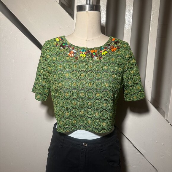 Topshop Tops - Topshop Embellished Green Lace Crop Top • Size US 8 (UK 12)
